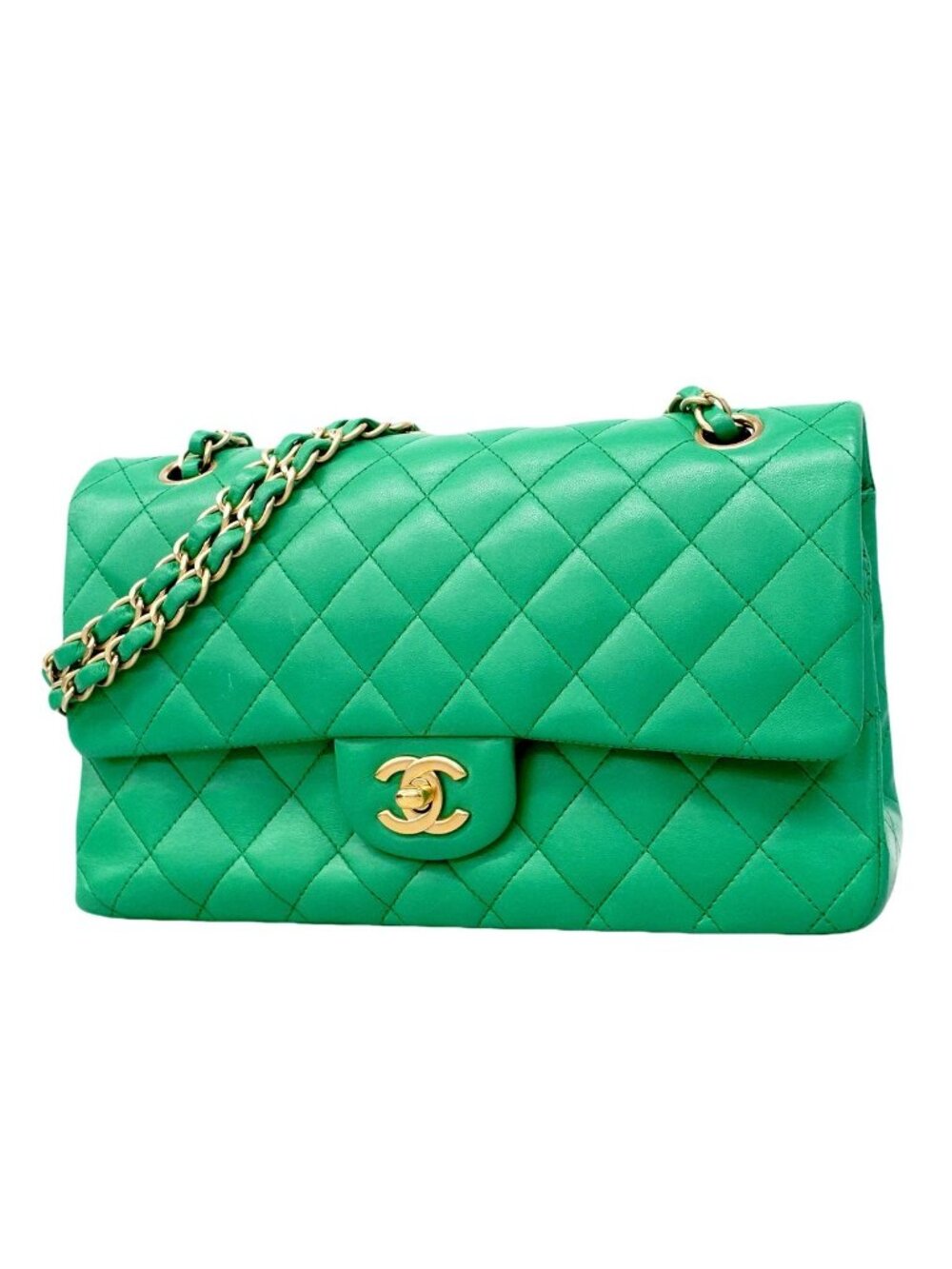 Chanel Shoulder Bag Quilted Lambskin Green Gold
